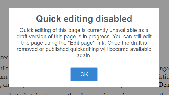 Quickedit unavailable message when draft is in progress Quickedit unavailable message when draft is in progress