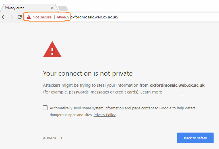 Example alert for a not secure page Example alert for a not secure page