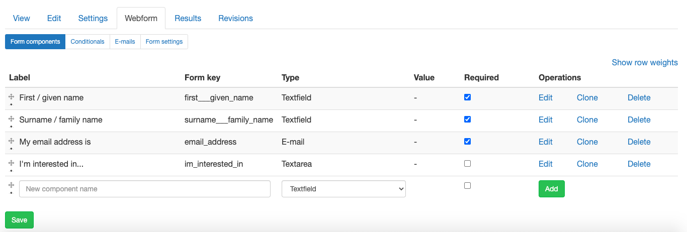 Screenshot of webform components screen Screenshot of webform components screen